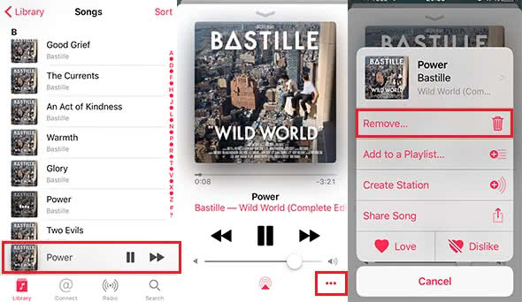 Screenshot showing how to remove a song in Music app