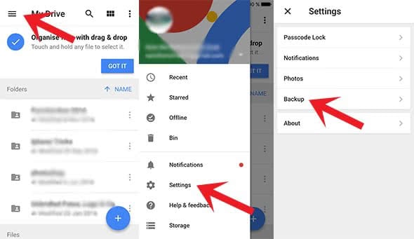 Screenshots show how to find the backup option in Google Drive