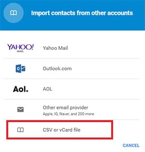 Choose "vCard or CVS file" in order to transfer the right type of a file