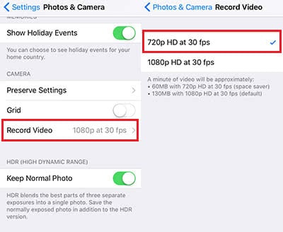 To save iPhone storage space change the recording quality for videos