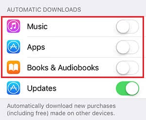 Deactivate automatic iTunes downloads for music, books etc. to save iPhone storage space