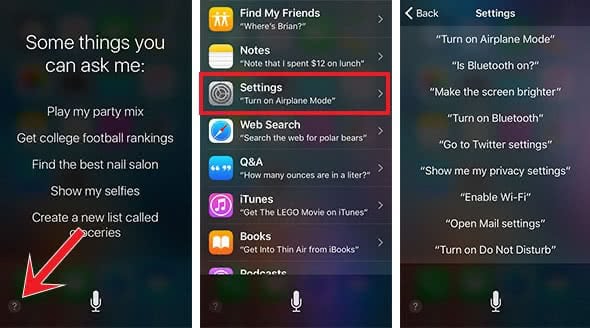 Screenshots show how to find settings suggestions for commands in Siri interface