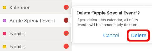 Delete calendar in icloud