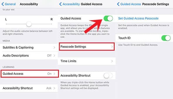 Screenshots show the settings for the guided access
