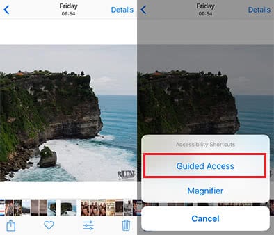 Screenshots show how to access the guided access feature in Photos app