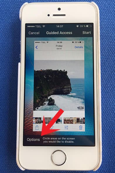 Arrow points out the Options button in the guided access feature