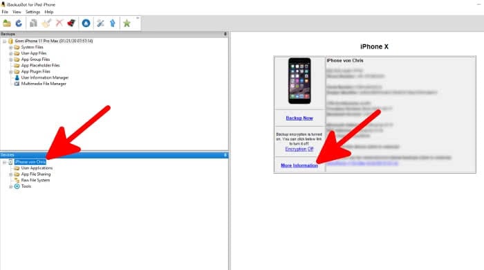 Select "iPhone" in iBackupBot and click on "More Information"