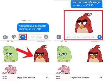 Screenshots show how to use stickers in iMessage