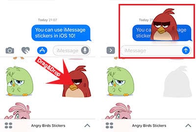 Screenshots show how to grag and drop stickers into iMessage