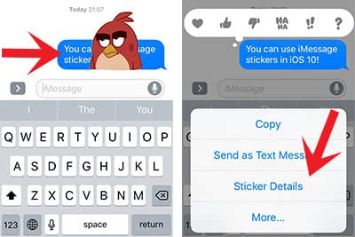 Screenshots show how to delete a sticker in an iMessage chat