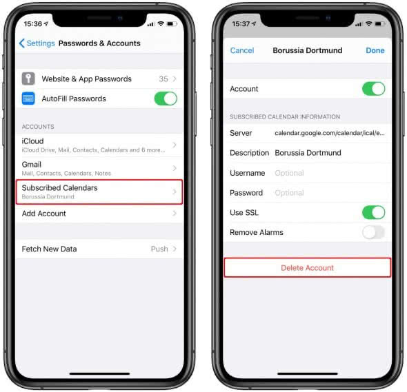 Deleting a calendar subscription on the iPhone