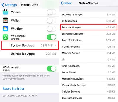 Screenshots show where to find the data usage of the personal hotspot