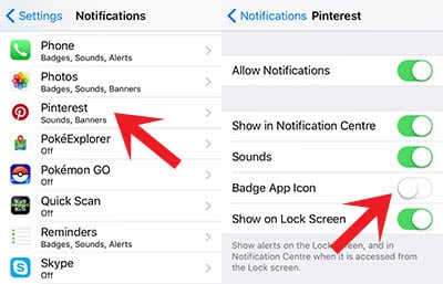 Screen shots show how to turn off the count badge for Pinterest as an example