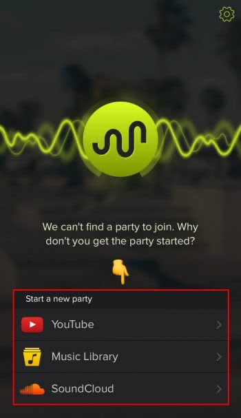 Screenshot shows how to start a party in AmpMe