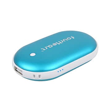 Blue oval power bank and hand warmer for iPhones