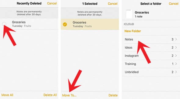 Screenshots show how to recover deleted Notes files and move them to the previous folder