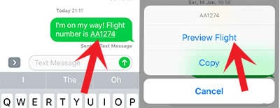 Screenshots show how to open the flight tracker in Message app
