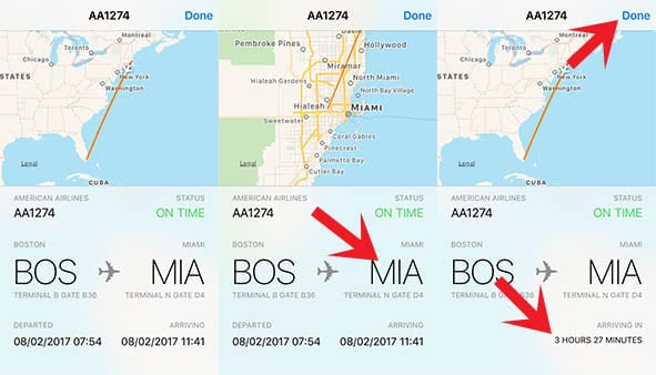 Screenshots show how to get different information about the flight