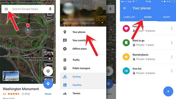 Screenshots show how to get to the lists in Google Maps in order to manage them
