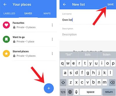 Screenshots show how to add a new list to Google Maps