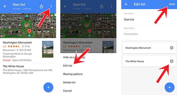 Screenshots show how to remove and edit a list in Google Maps