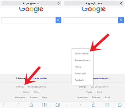 Screenshots show how to open Google settings and search settings