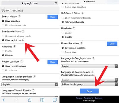 Screenshots show how to set up "Filter explicit results" for child protection 