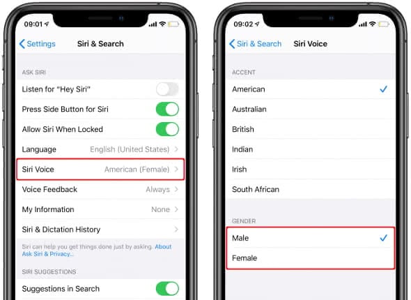 Change Siri's voice in the "Settings" app under "Siri & Search" and "Siri Voice"