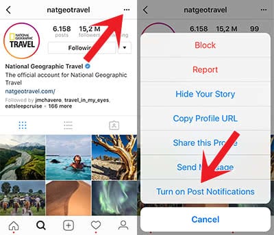 Screenshots show how to turn on post notifications of certain profiles in Instagram