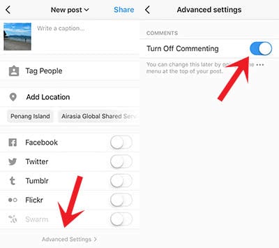Screenshots show how to turn off the comments for Instagram posts