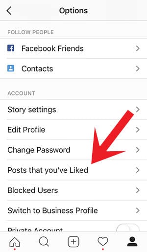Screenshot shows where the feature of liked posts is at