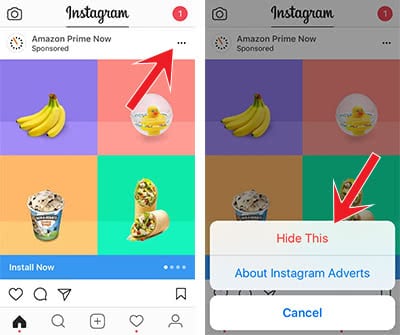 Screenshots show how to hide an ad in Instagram