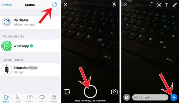 Screenshots show how to add a status to WhatsApp