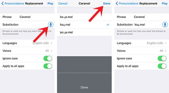 Screenshots show how t add the pronunciation of a certain word in iOS