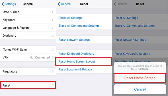 Screenshots show how to reset the iPhone Home Screen in the Settings