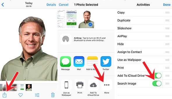 Screenshots show how to start a reverse image search on an iPhone
