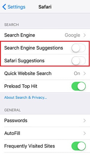 Screenshot shows how to turn off Safari Suggestions and Search Engine Suggestions in the Safari settings