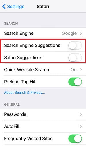 turn off safari search suggestions