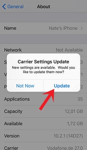 Carrier update in the About section of the iPhone settings