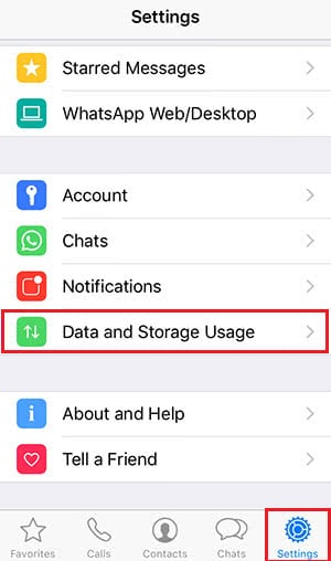 Screenshot shows how to open settings in WhatsApp and tap Data And Storage Usage