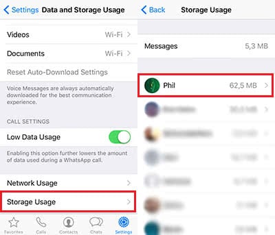 Screenshots show how to open a chat to see the storage usage in WhatsApp