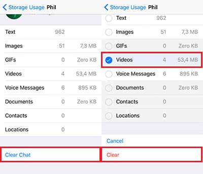 Screenshots show how to choose single items from the list to remove them from the WhatsApp chat history