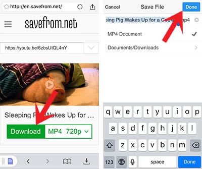 Screenshots show how to download the YouTube video to your iPhone