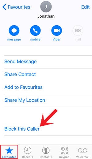 Block contact from your contacts, favorites or recent calls