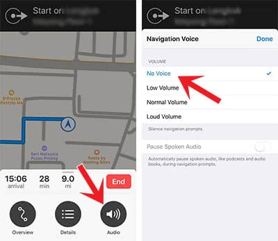 How to turn off voice guidance for Maps app navigation