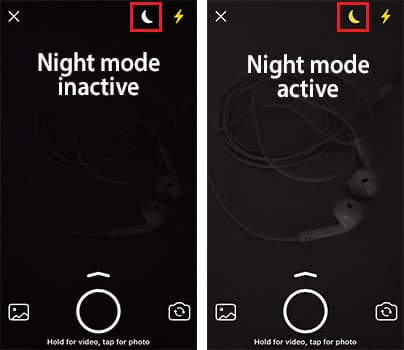 Comparing screenshots of the night mode (right) and no night mode (left) in WhatsApp