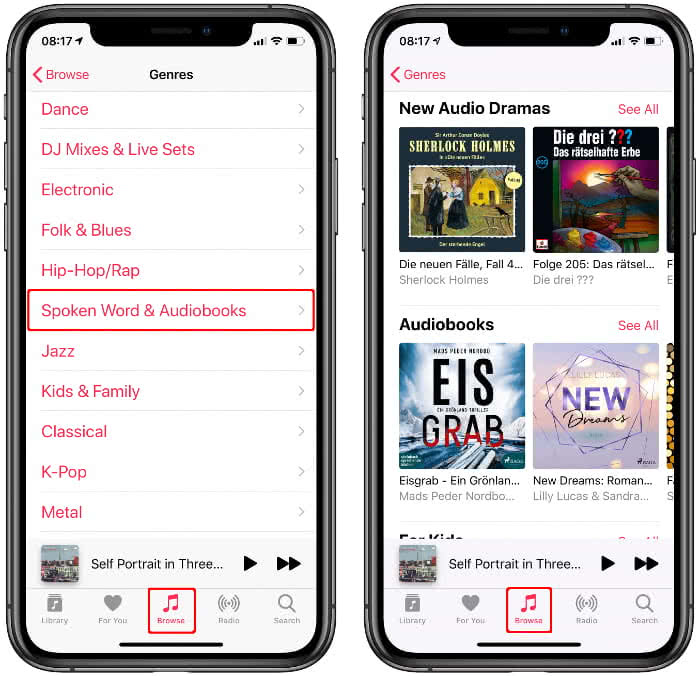 Browse Apple Music for audiobooks