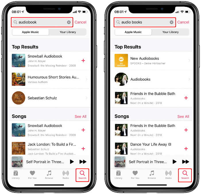 Search for "audiobook" or "audio books" in Apple Music