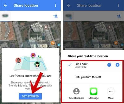 Select the settings of the real-time location sharing on Google Maps