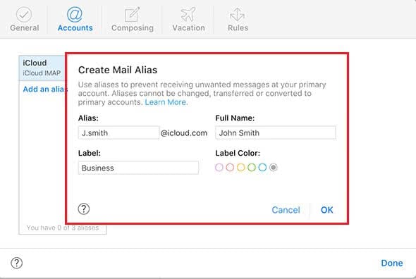 Enter the necessary info to create an alias for iCloud Mail